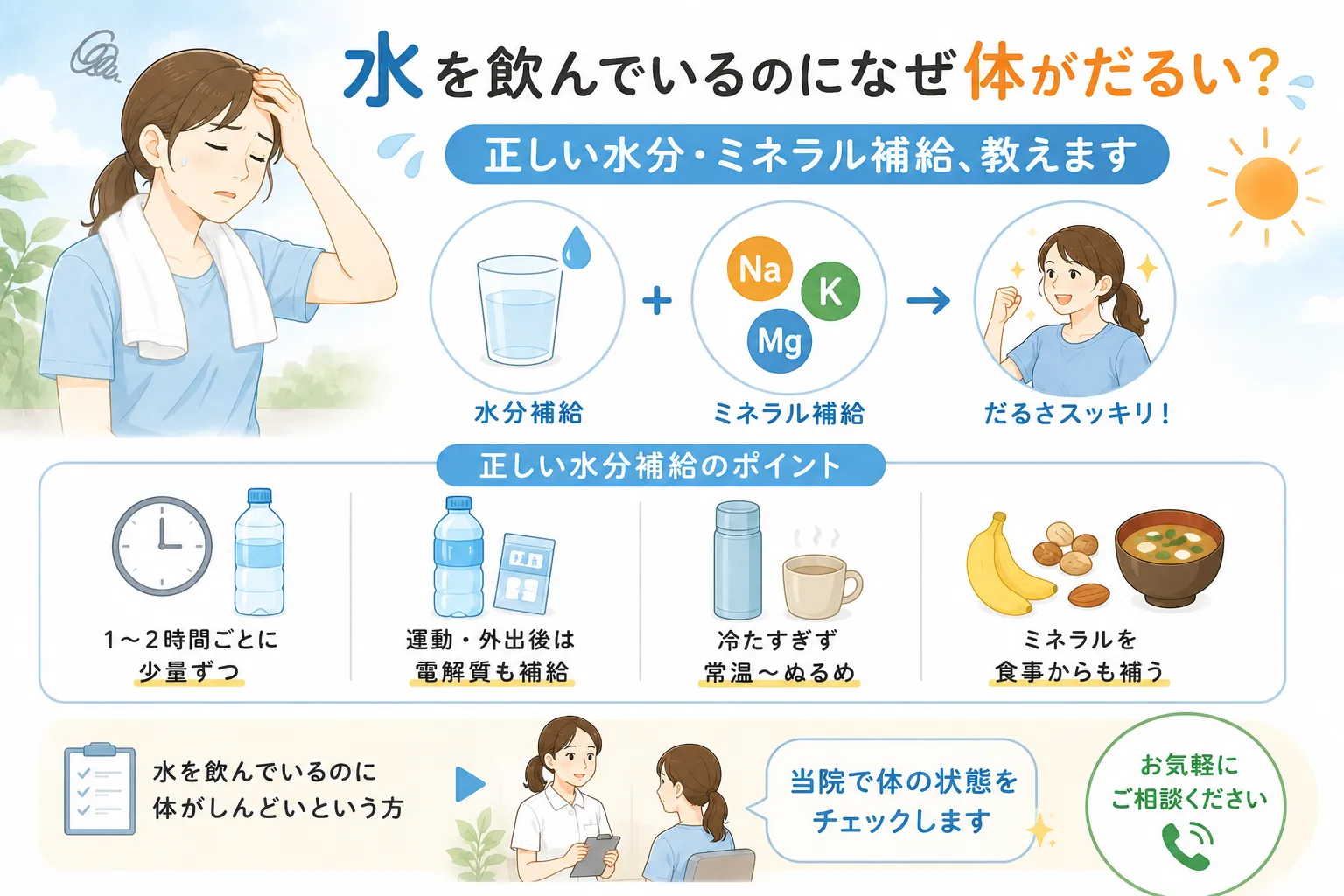 水を飲んでいるのになぜ体がだるい？夏の正しい水分・ミネラル補給法